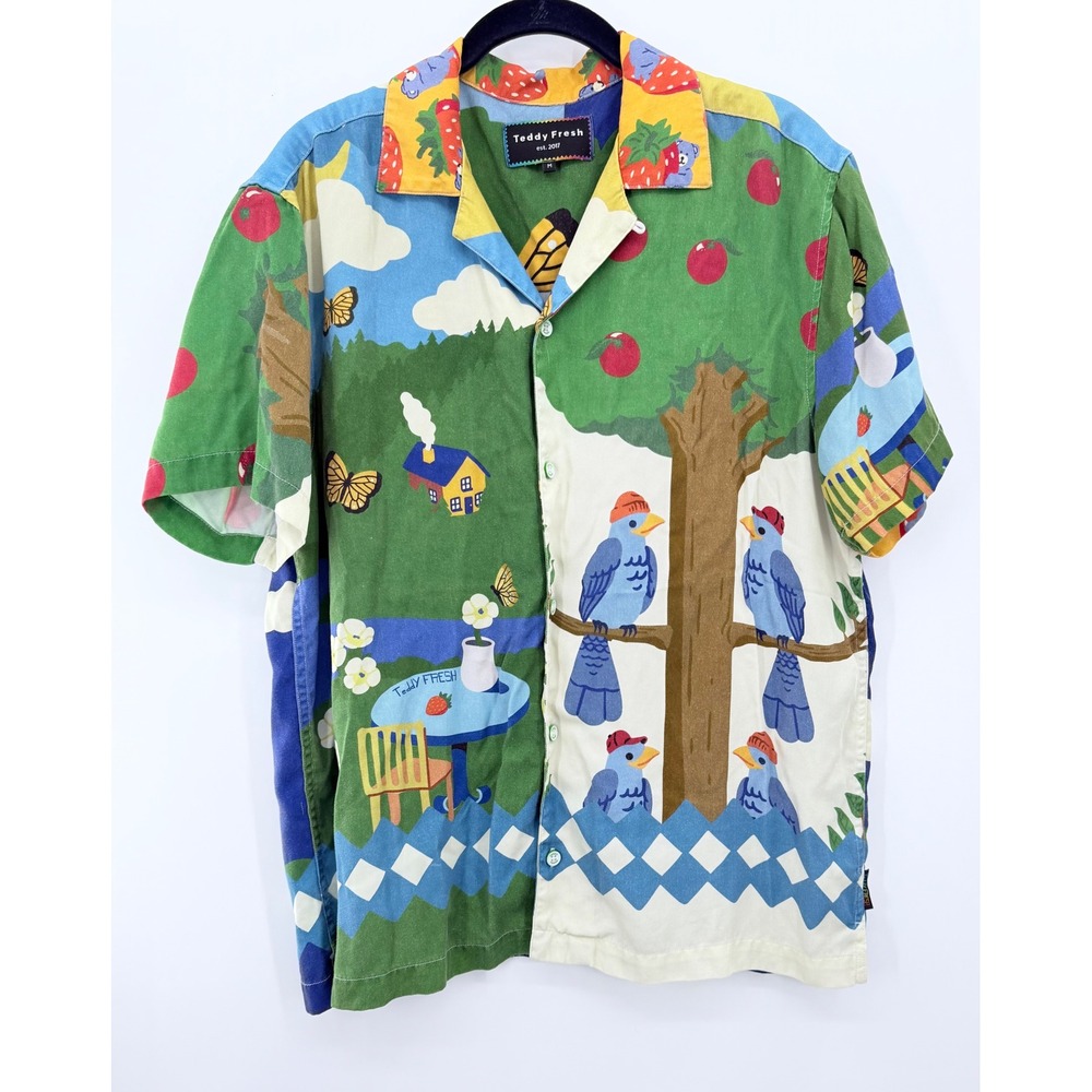 Teddy Fresh Button Down Shirt Men M Multicolor Graphic Bird Butterfly Lyocell
